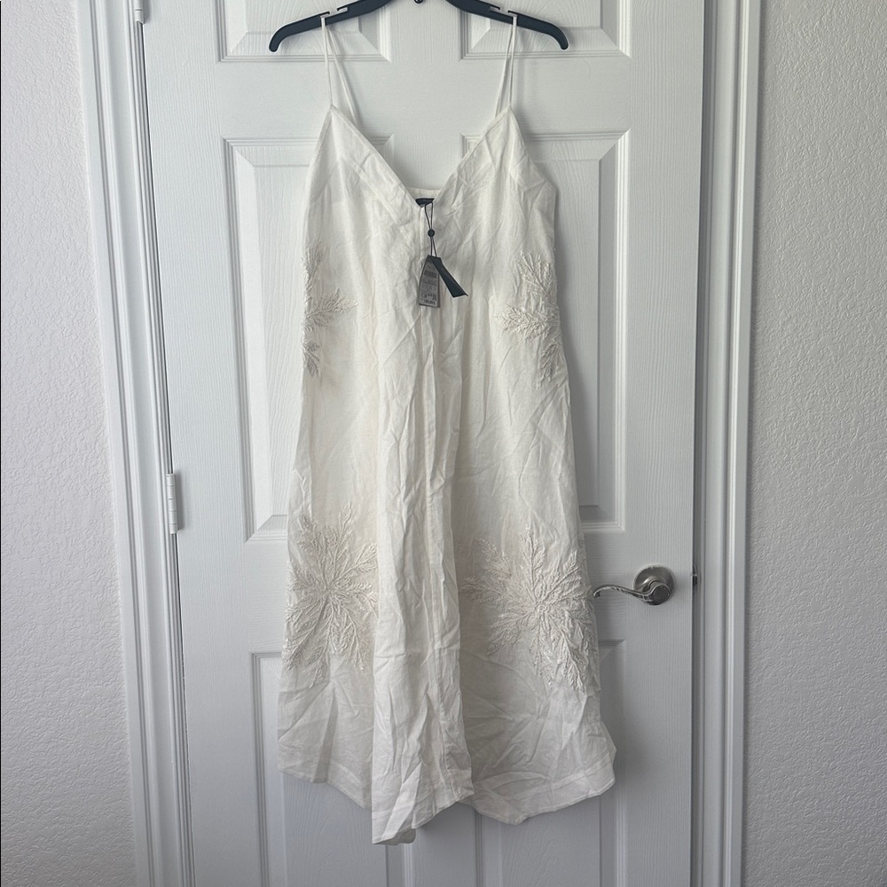 Massimo Dutti White Embroidered Slip Midi Dress